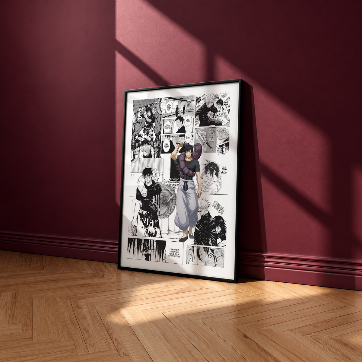 Toji Fushiguro manga poster inspired by Jujutsu Kaisen in a black frame against a burgundy wall