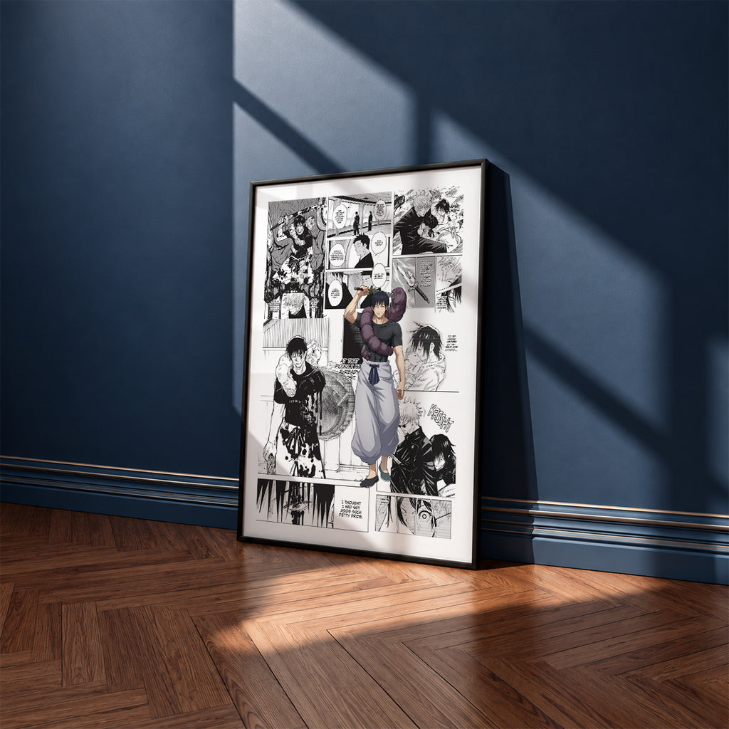 Toji Fushiguro manga poster inspired by Jujutsu Kaisen in a black frame against a navy blue wall
