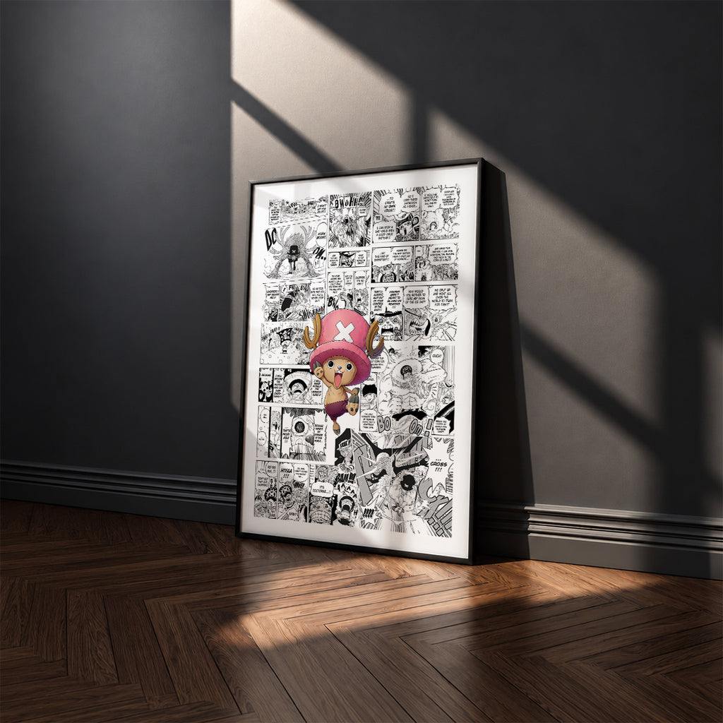 Tony Tony Chopper manga poster inspired by One Piece in a black frame against a charcoal gray wall