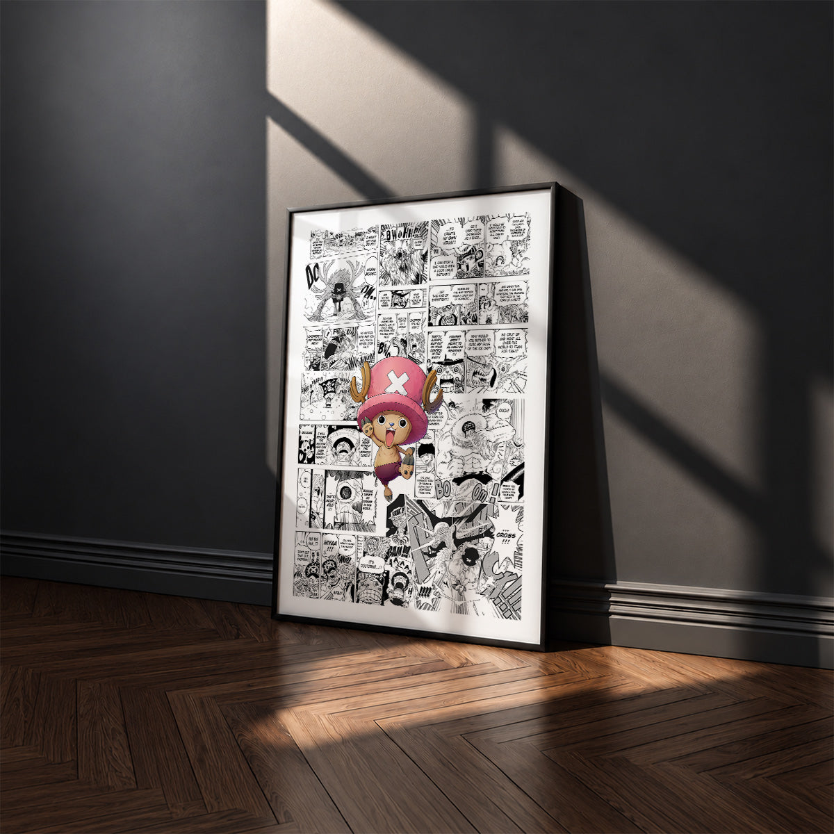 Tony Tony Chopper manga poster inspired by One Piece in a black frame against a charcoal gray wall