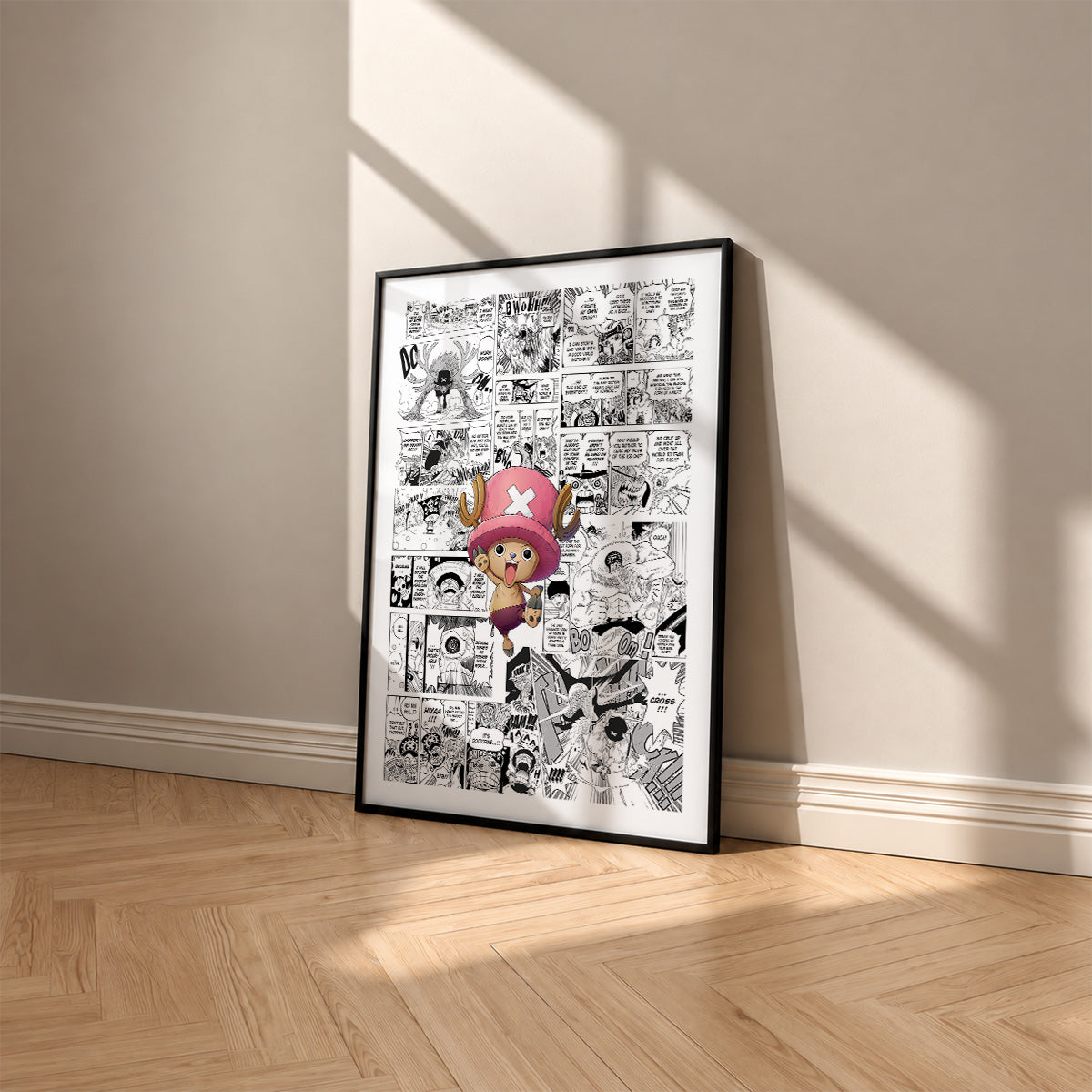 Tony Tony Chopper manga poster inspired by One Piece in a black frame against a warm beige wall