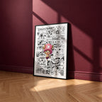 Tony Tony Chopper manga poster inspired by One Piece in a black frame against a burgundy wall