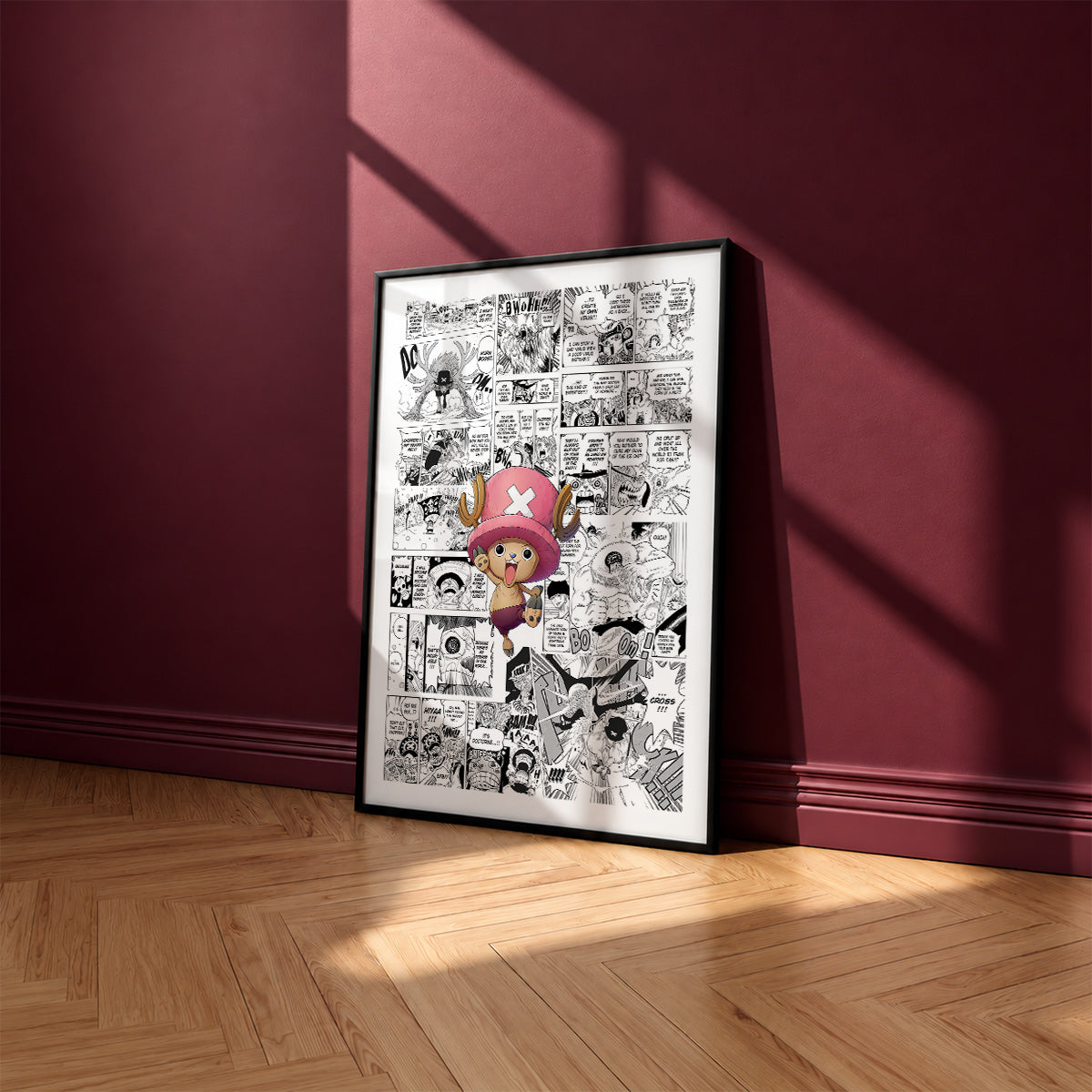 Tony Tony Chopper manga poster inspired by One Piece in a black frame against a burgundy wall
