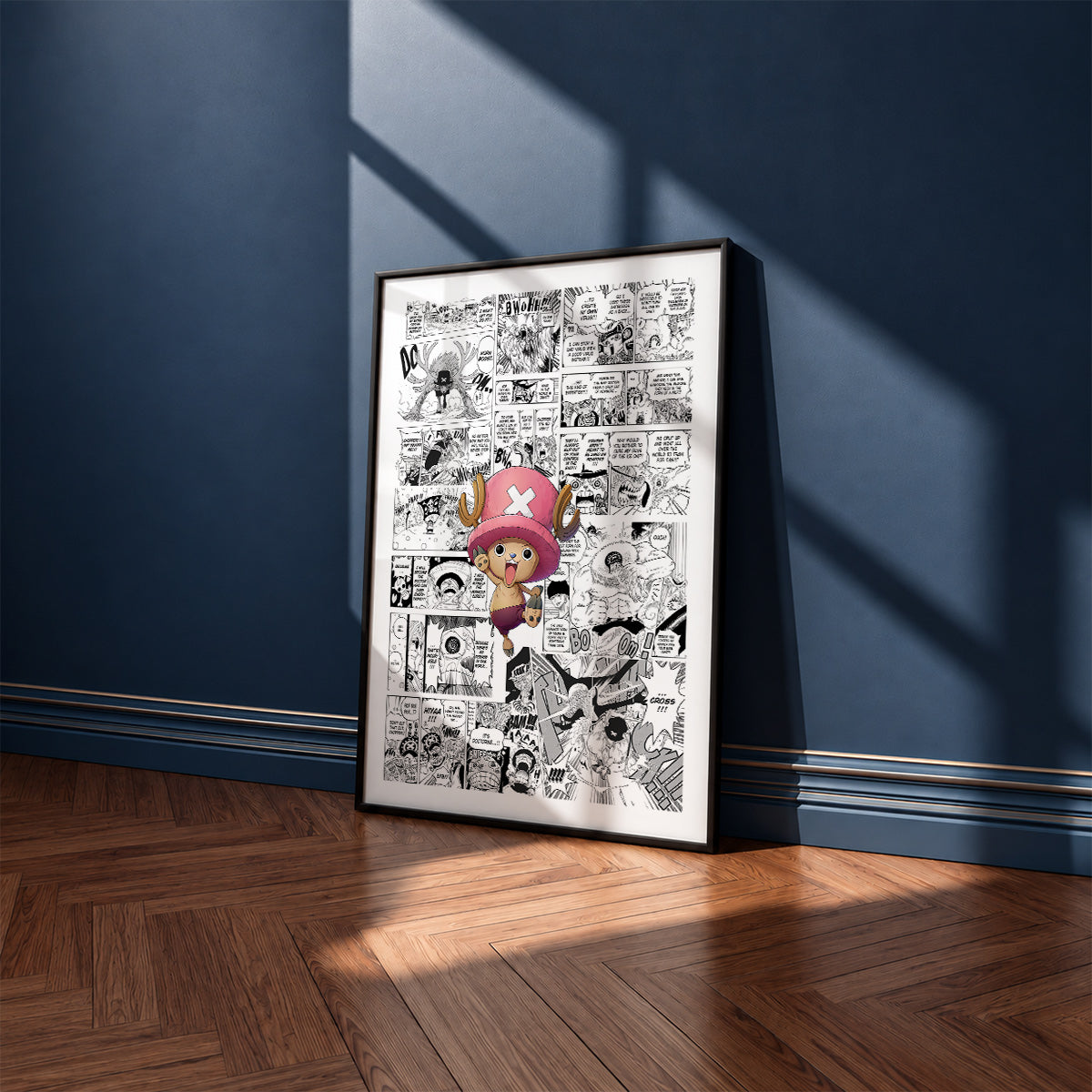 Tony Tony Chopper manga poster inspired by One Piece in a black frame against a navy blue wall