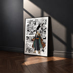 Trafalgar D. Water Law manga poster inspired by One Piece in a black frame against a charcoal gray wall
