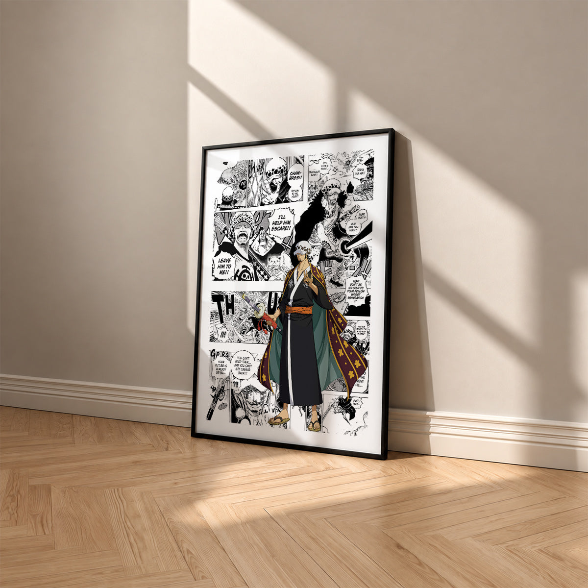 Trafalgar D. Water Law manga poster inspired by One Piece in a black frame against a warm beige wall