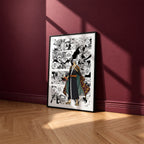 Trafalgar D. Water Law manga poster inspired by One Piece in a black frame against a burgundy wall
