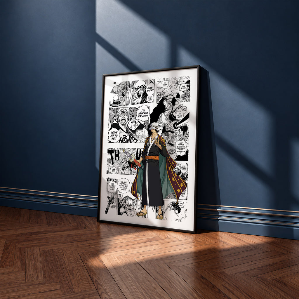 Trafalgar D. Water Law manga poster inspired by One Piece in a black frame against a navy blue wall