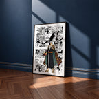 Trafalgar D. Water Law manga poster inspired by One Piece in a black frame against a navy blue wall