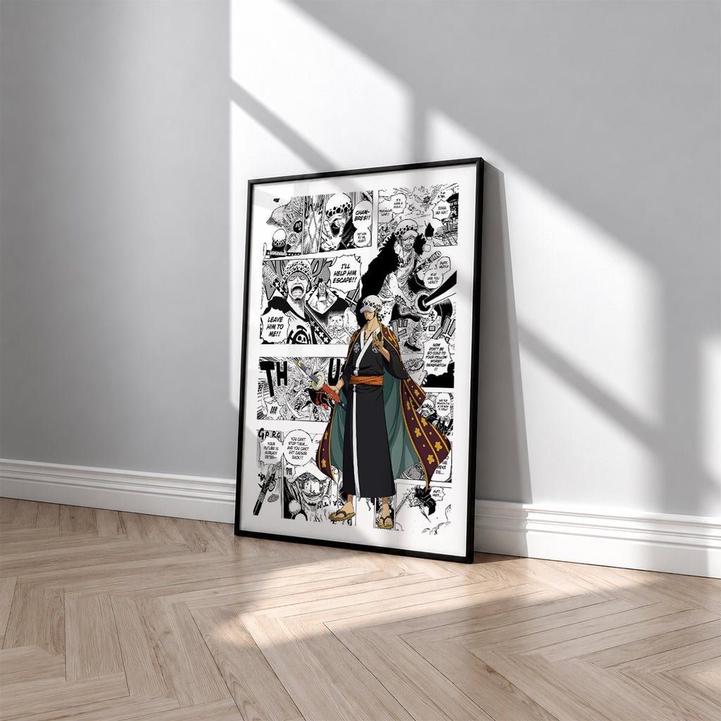 Trafalgar D. Water Law manga poster inspired by One Piece in a black frame against a light gray wall