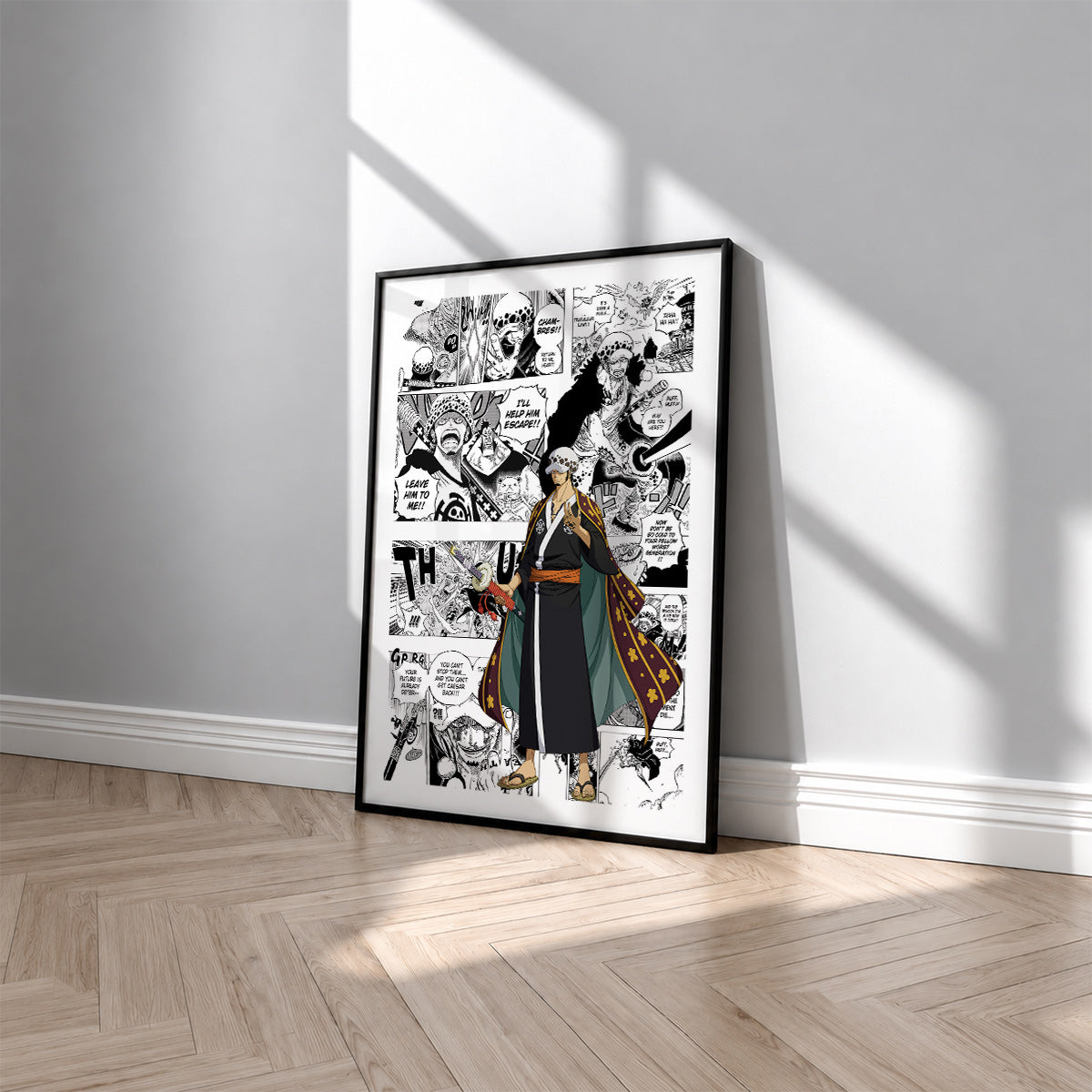 Trafalgar D. Water Law manga poster inspired by One Piece in a black frame against a light gray wall