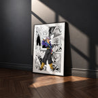 Trunks manga poster inspired by Dragon Ball in a black frame against a charcoal gray wall