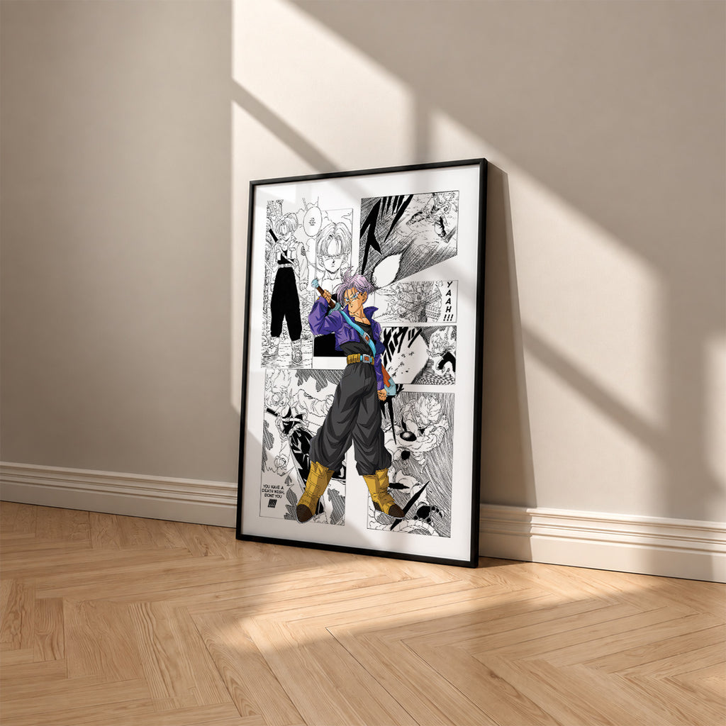 Trunks manga poster inspired by Dragon Ball in a black frame against a warm beige wall