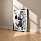 Trunks manga poster inspired by Dragon Ball in a black frame against a warm beige wall