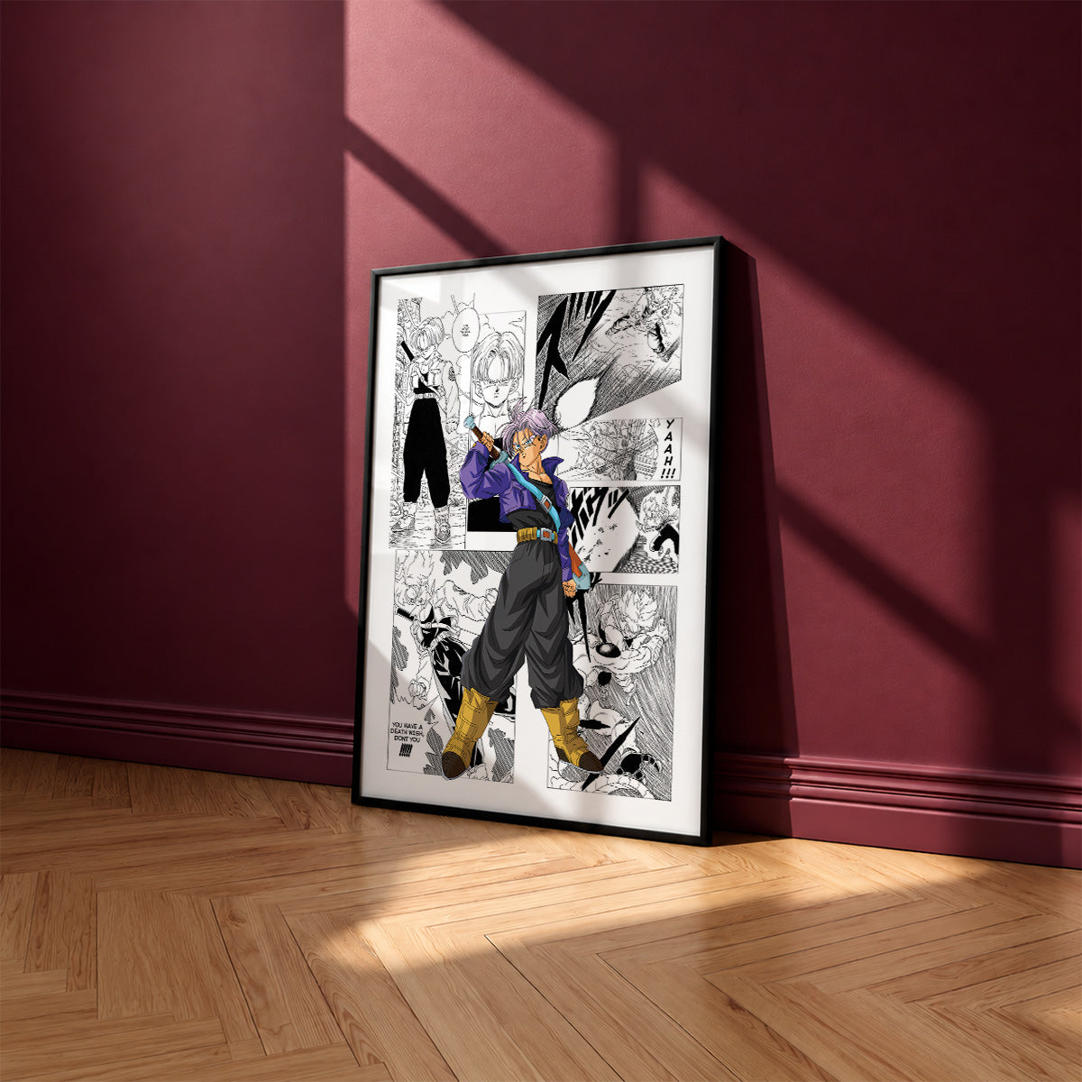 Trunks manga poster inspired by Dragon Ball in a black frame against a burgundy wall