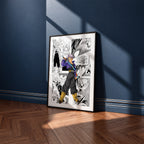 Trunks manga poster inspired by Dragon Ball in a black frame against a navy blue wall