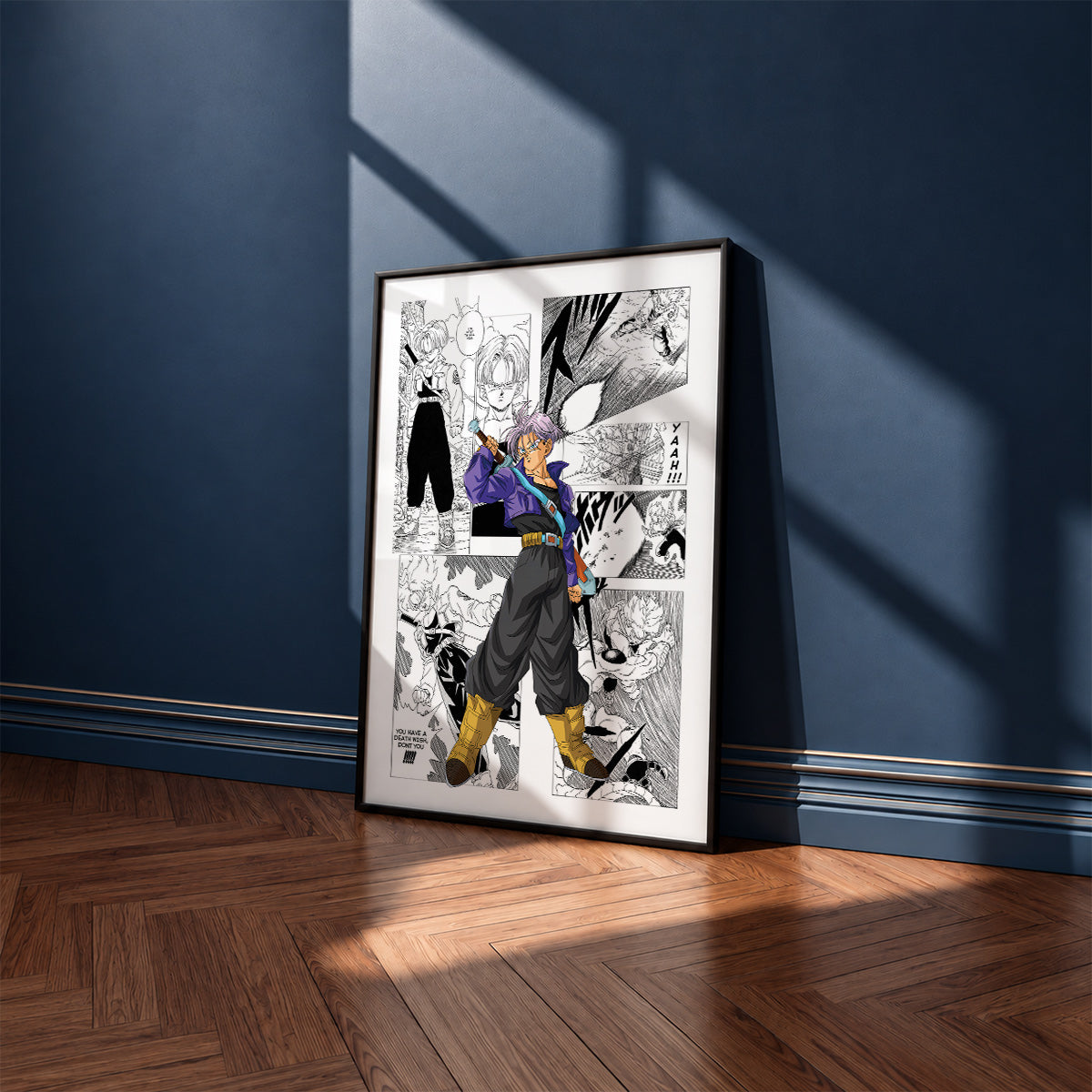 Trunks manga poster inspired by Dragon Ball in a black frame against a navy blue wall