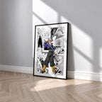 Trunks manga poster inspired by Dragon Ball in a black frame against a light gray wall