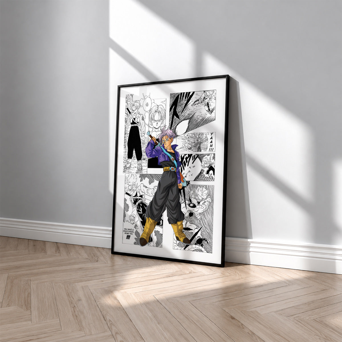 Trunks manga poster inspired by Dragon Ball in a black frame against a light gray wall