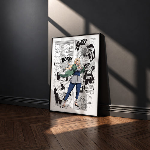Tsunade Senju manga poster inspired by Naruto in a black frame against a charcoal gray wall