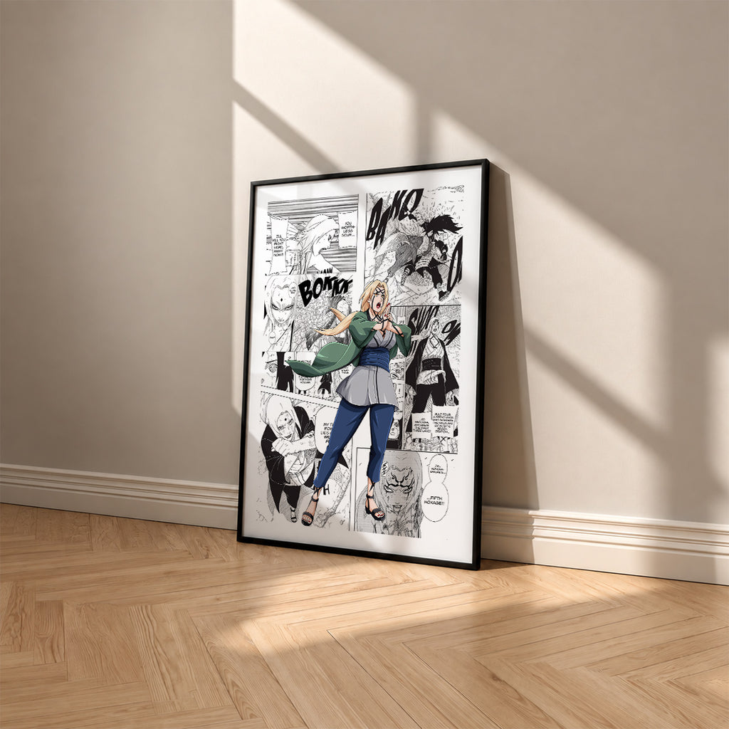 Tsunade Senju manga poster inspired by Naruto in a black frame against a warm beige wall