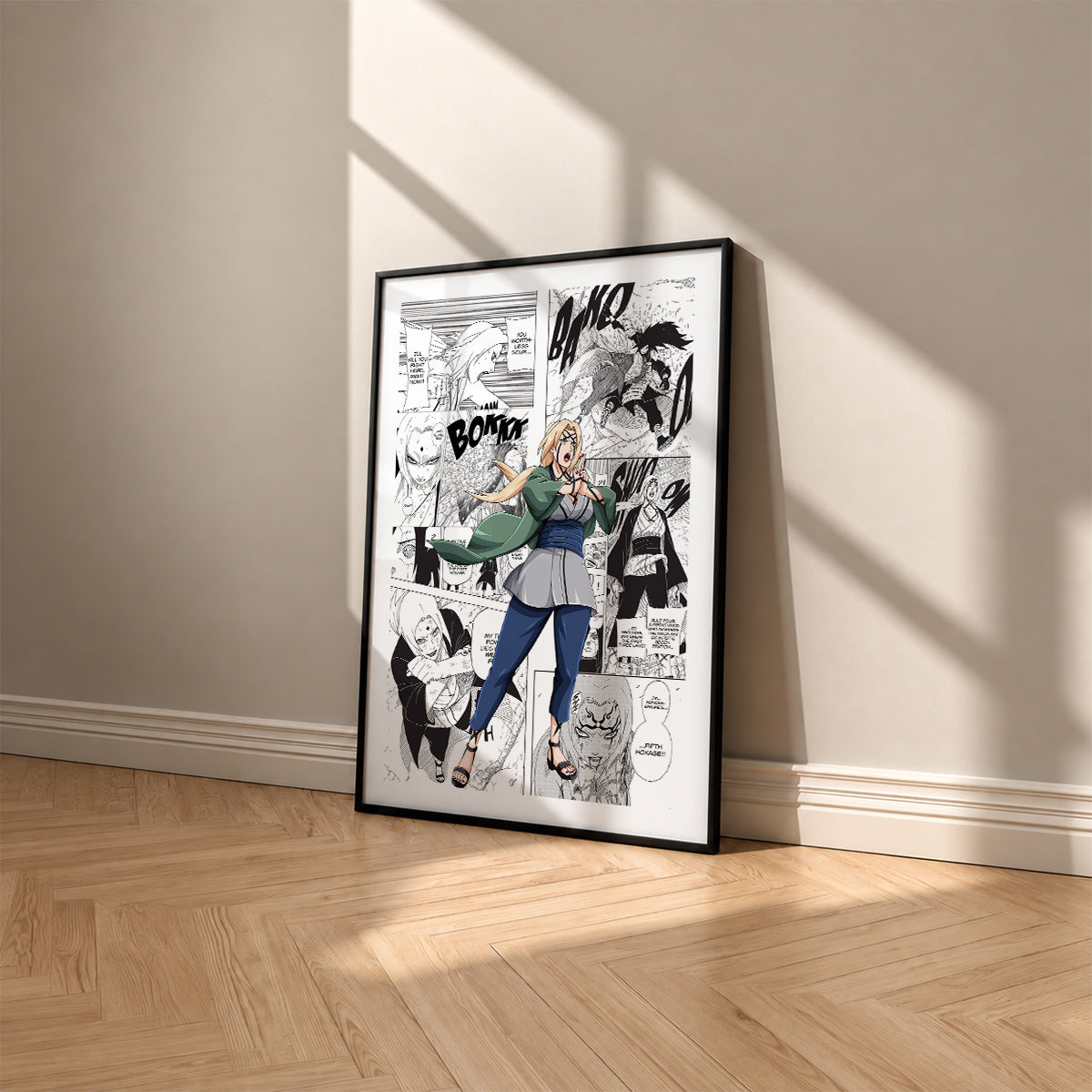 Tsunade Senju manga poster inspired by Naruto in a black frame against a warm beige wall