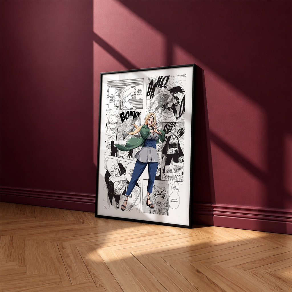 Tsunade Senju manga poster inspired by Naruto in a black frame against a burgundy wall