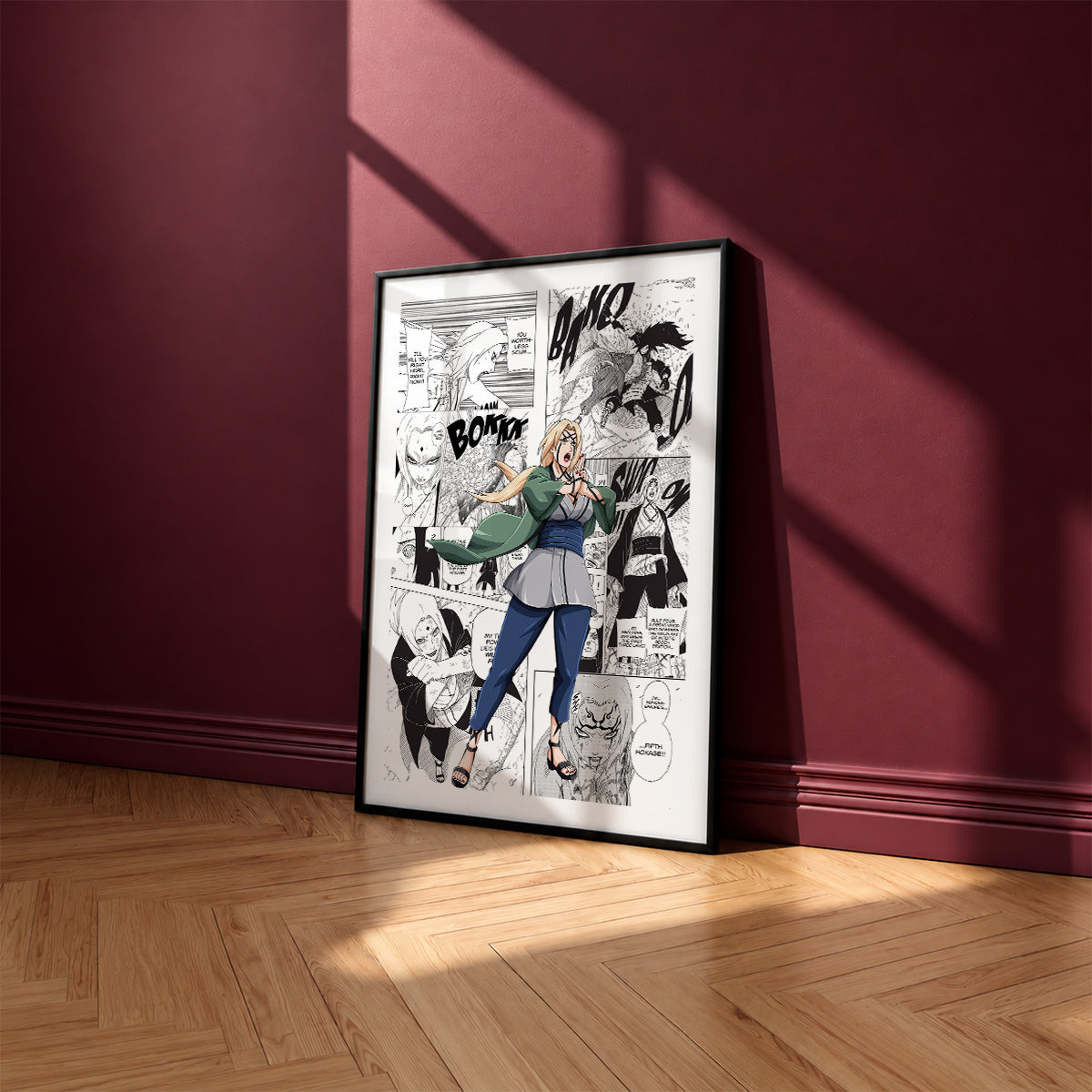 Tsunade Senju manga poster inspired by Naruto in a black frame against a burgundy wall