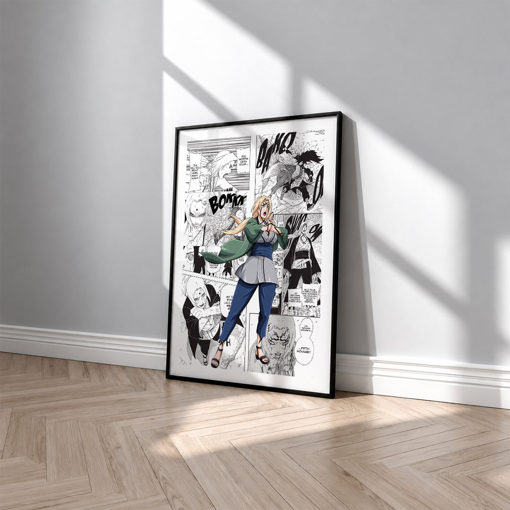 Tsunade Senju manga poster inspired by Naruto in a black frame against a light gray wall