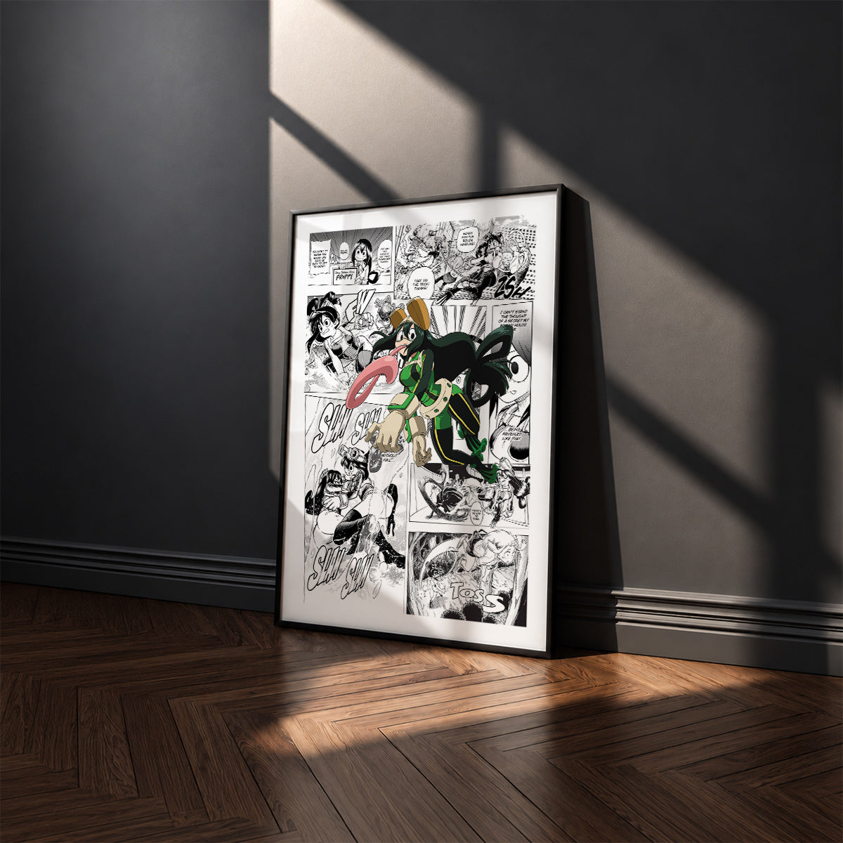 Tsuyu Asui manga poster inspired by My Hero Academia in a black frame against a charcoal gray wall
