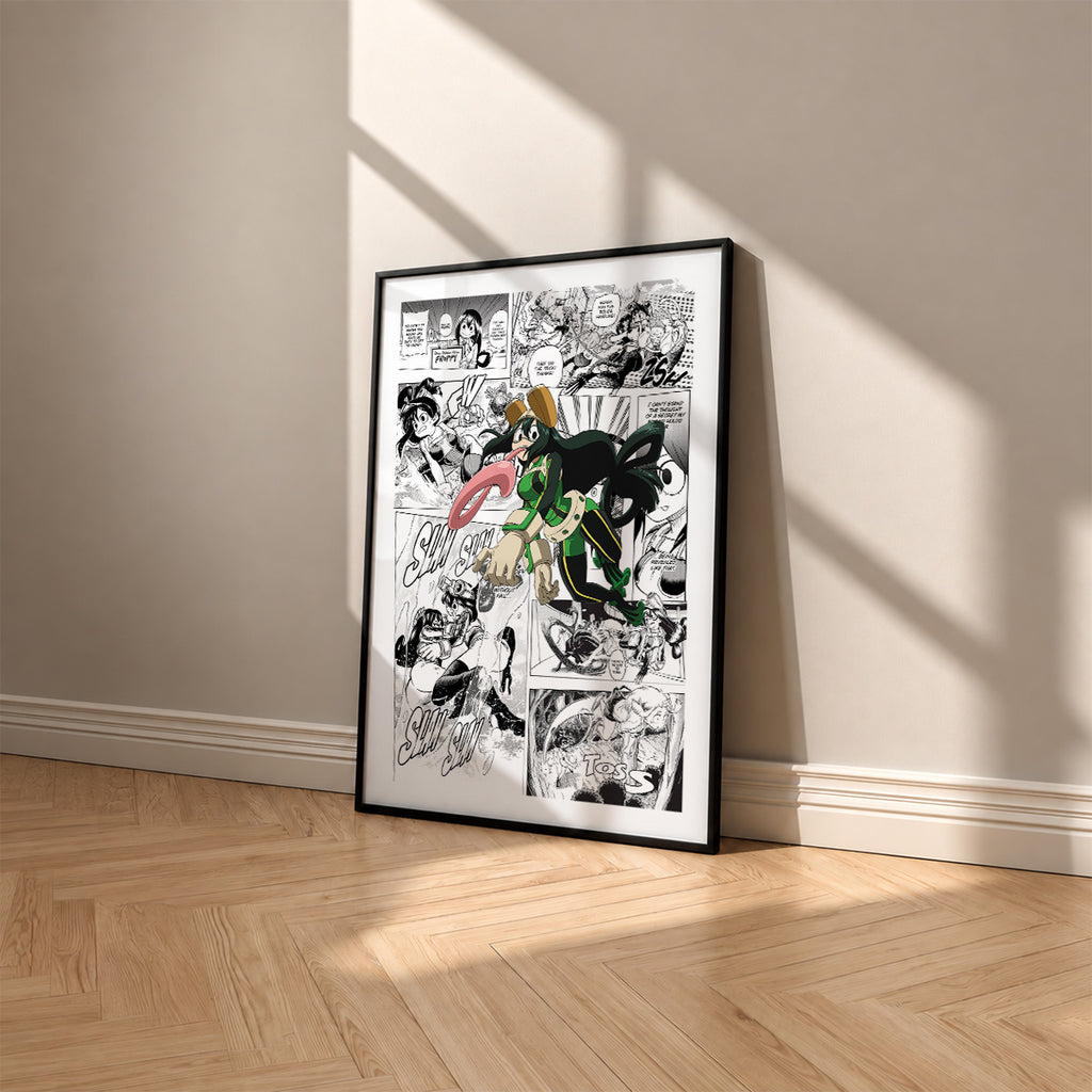 Tsuyu Asui manga poster inspired by My Hero Academia in a black frame against a warm beige wall