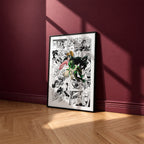 Tsuyu Asui manga poster inspired by My Hero Academia in a black frame against a burgundy wall