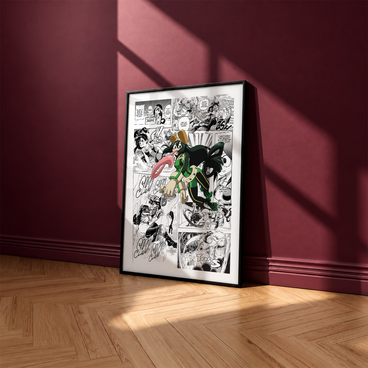 Tsuyu Asui manga poster inspired by My Hero Academia in a black frame against a burgundy wall