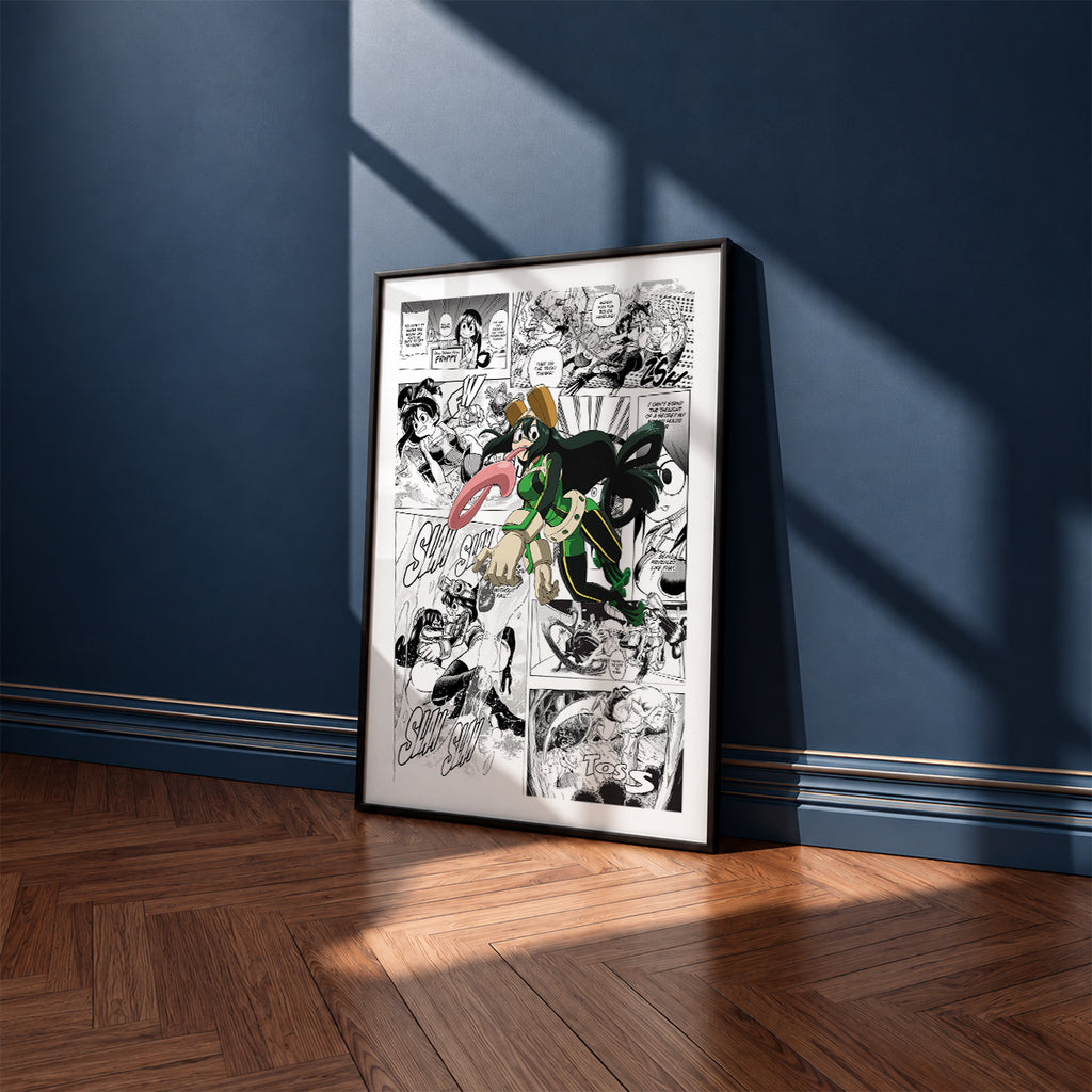 Tsuyu Asui manga poster inspired by My Hero Academia in a black frame against a navy blue wall