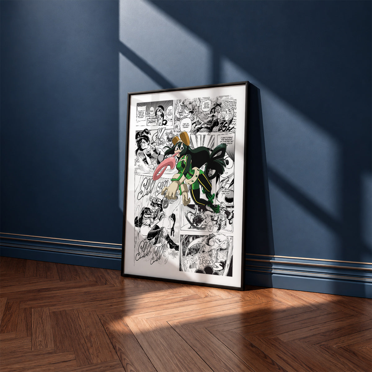 Tsuyu Asui manga poster inspired by My Hero Academia in a black frame against a navy blue wall