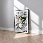 Tsuyu Asui manga poster inspired by My Hero Academia in a black frame against a light gray wall