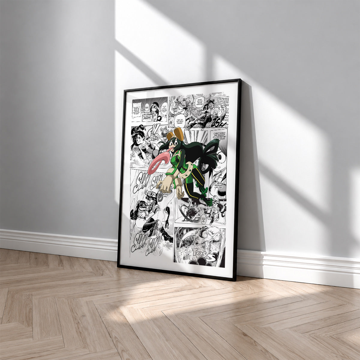 Tsuyu Asui manga poster inspired by My Hero Academia in a black frame against a light gray wall
