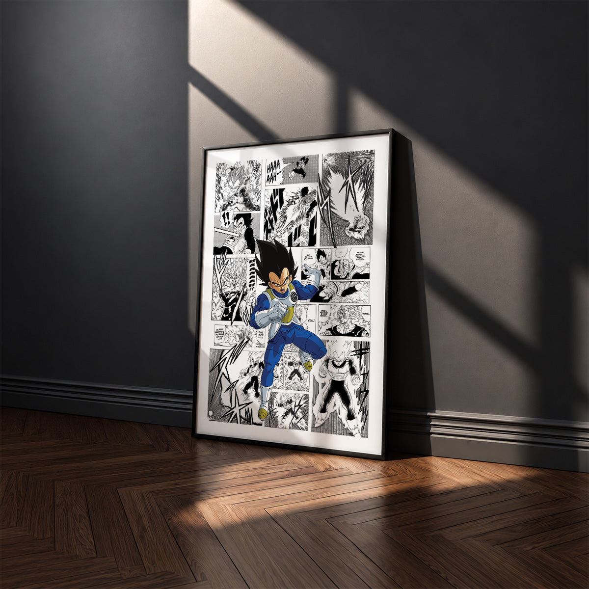 Vegeta manga poster inspired by Dragon Ball in a black frame against a charcoal gray wall