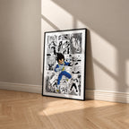 Vegeta manga poster inspired by Dragon Ball in a black frame against a warm beige wall
