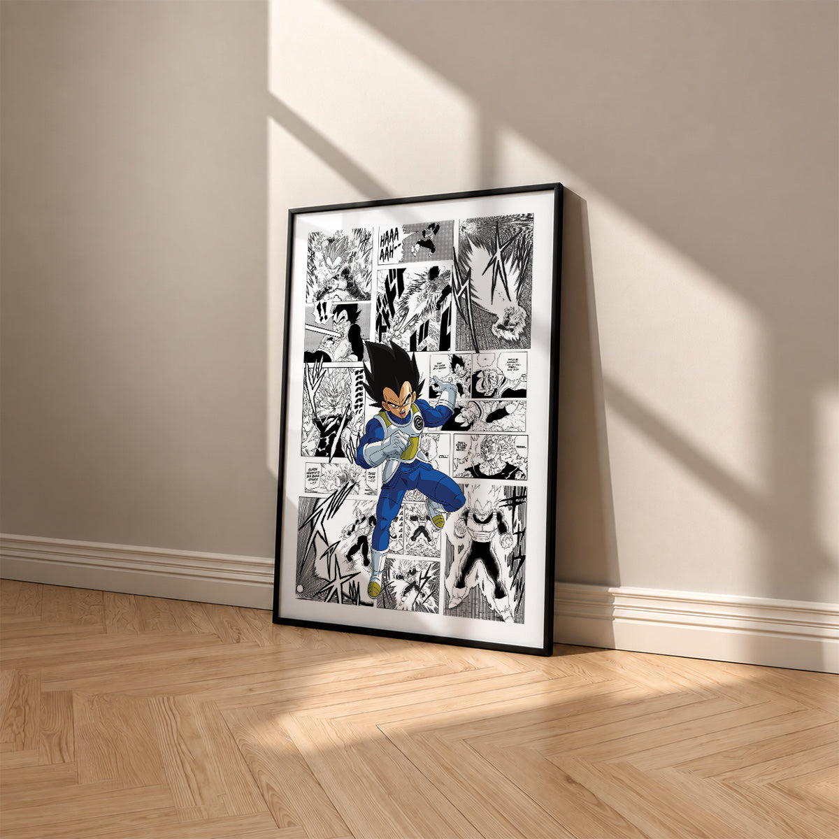 Vegeta manga poster inspired by Dragon Ball in a black frame against a warm beige wall