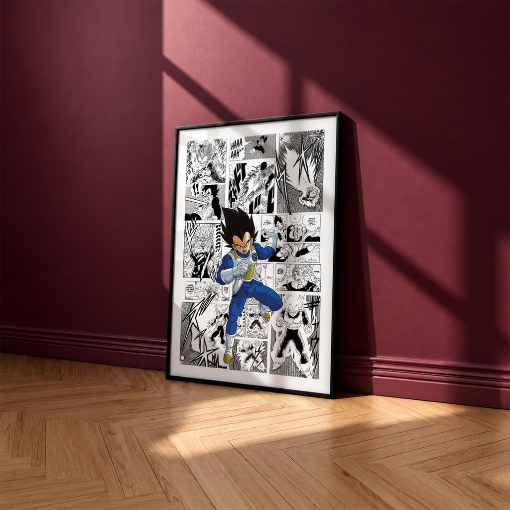 Vegeta manga poster inspired by Dragon Ball in a black frame against a burgundy wall