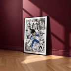Vegeta manga poster inspired by Dragon Ball in a black frame against a burgundy wall