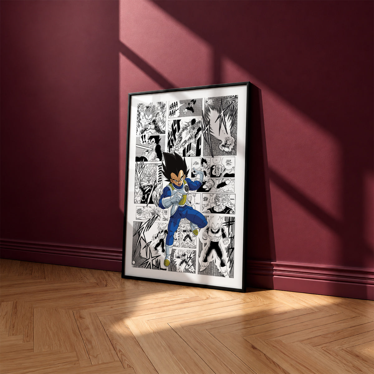 Vegeta manga poster inspired by Dragon Ball in a black frame against a burgundy wall
