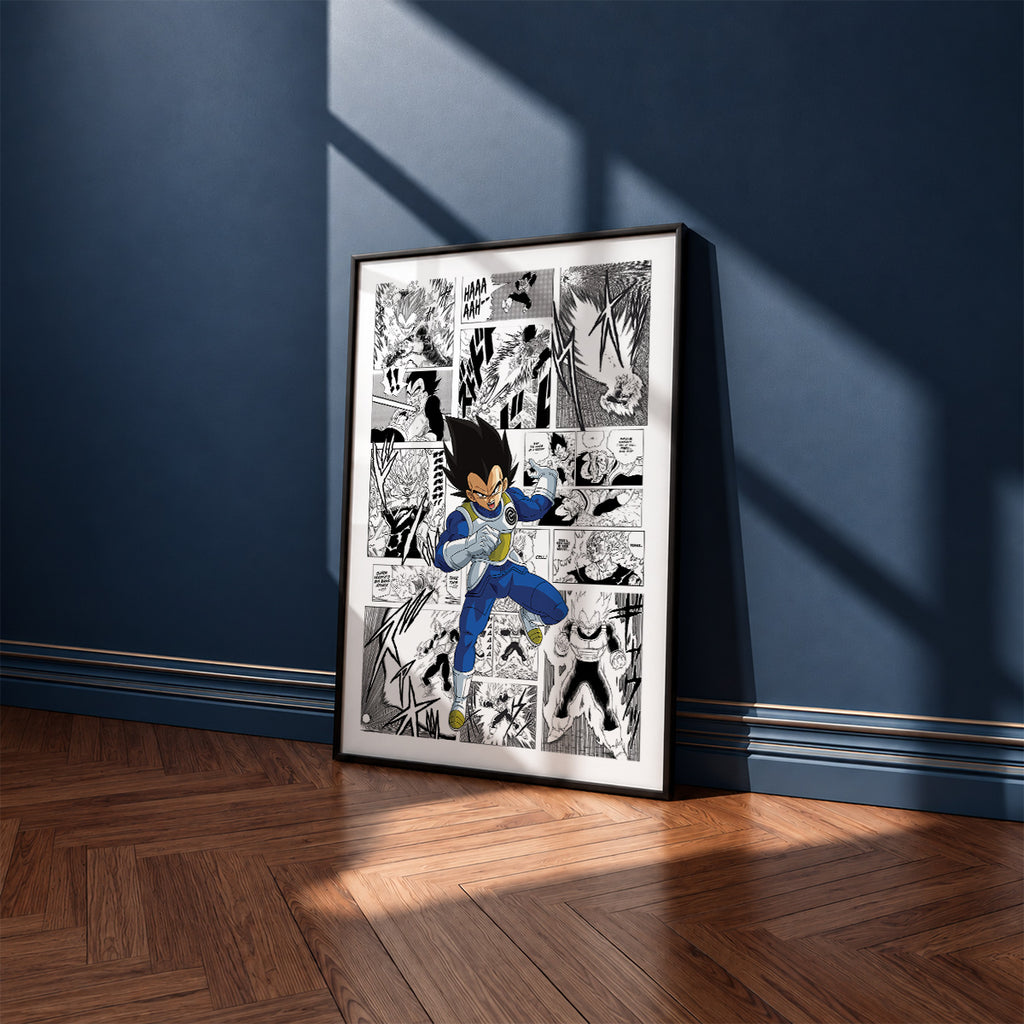 Vegeta manga poster inspired by Dragon Ball in a black frame against a navy blue wall