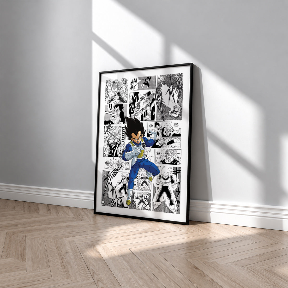 Vegeta manga poster inspired by Dragon Ball in a black frame against a light gray wall