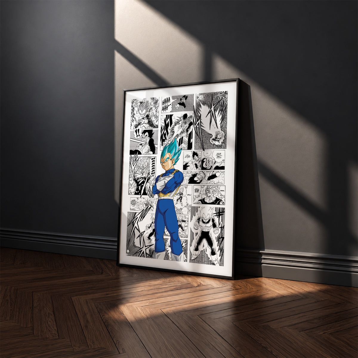 Vegeta Super Saiyan Blue manga poster inspired by Dragon Ball in a black frame against a charcoal gray wall