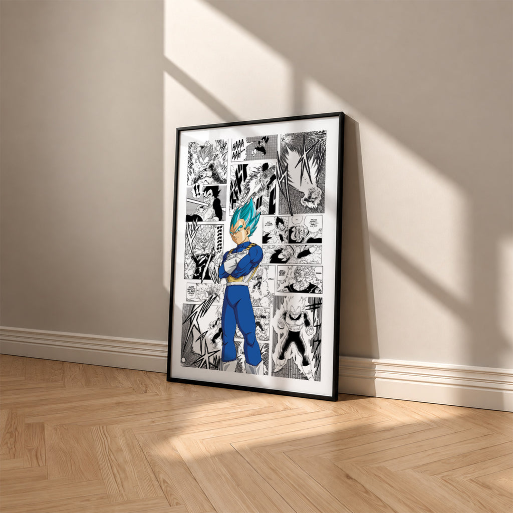 Vegeta Super Saiyan Blue manga poster inspired by Dragon Ball in a black frame against a warm beige wall