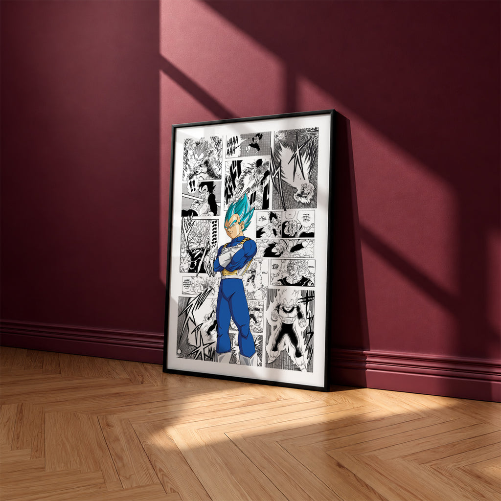 Vegeta Super Saiyan Blue manga poster inspired by Dragon Ball in a black frame against a burgundy wall