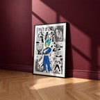 Vegeta Super Saiyan Blue manga poster inspired by Dragon Ball in a black frame against a burgundy wall