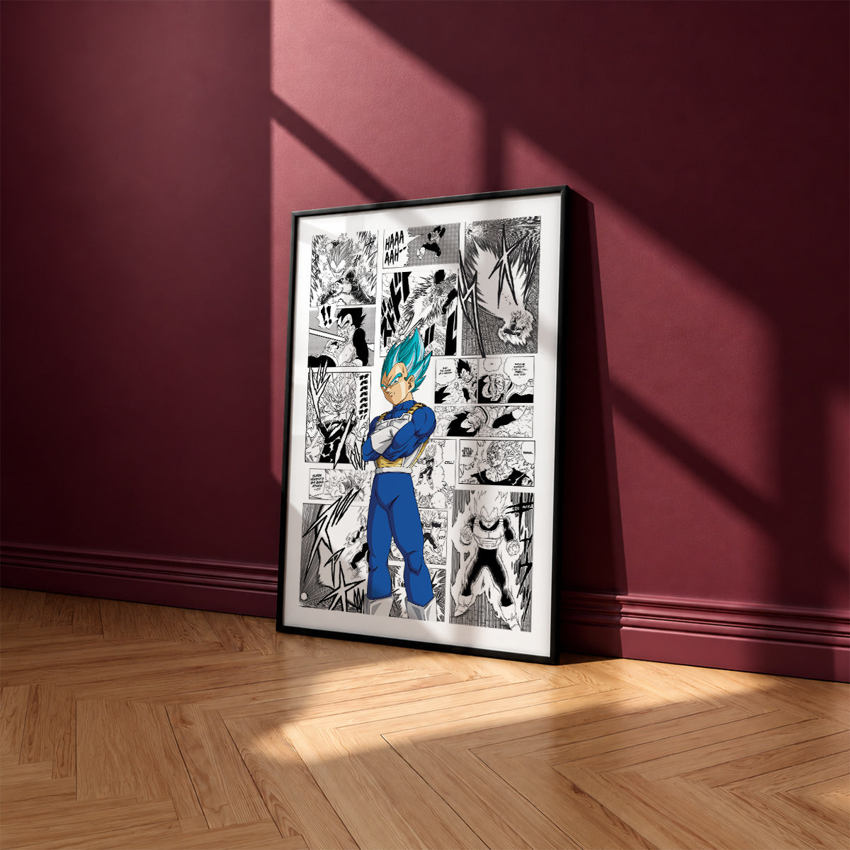 Vegeta Super Saiyan Blue manga poster inspired by Dragon Ball in a black frame against a burgundy wall